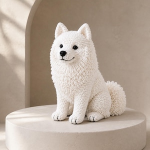 May include: A white crocheted dog figurine with a fluffy texture, pointed ears, and a curled tail. The dog has black plastic eyes and a black stitched nose and mouth, sitting in an upright position with a dense, yarn-based construction.