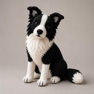 May include: A crocheted stuffed animal in the likeness of a Border Collie dog. The figure features black and white yarn, with a white chest, muzzle, and paws, and black ears, back, and tail. It has dark, round eyes and a black stitched nose.