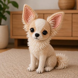 May include: A crocheted chihuahua figurine featuring a cream and tan body with a white stripe on its face. The dog has large black plastic eyes, a small black nose, and oversized ears with pink inner detailing. It has a fluffy chest and tail.