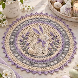 Patrón de ganchillo de mandala de conejito, tapete de Pascua en PDF, tutorial de mantel individual de lavanda, decoración de mesa de primavera