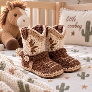 May include: A pair of handmade crochet baby boots designed to look like cowboy boots. The boots feature a dark brown foot and sole with a cream-colored shaft, accented by brown stitching details, a small star-shaped spur, and a decorative strap.