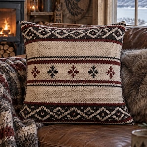 May include: A square throw pillow featuring a textured knit pattern with horizontal bands in cream, dark brown, and deep red. The design includes geometric diamond motifs at the top and bottom edges and a central row of small, alternating star-like symbols.