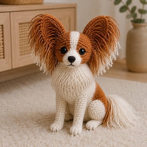 May include: A crocheted Papillon dog figurine featuring a white and brown color scheme. The plush toy has large, fringed ears, a white chest, and a fluffy tail. It is crafted with detailed yarn work, including black plastic eyes and a black nose.