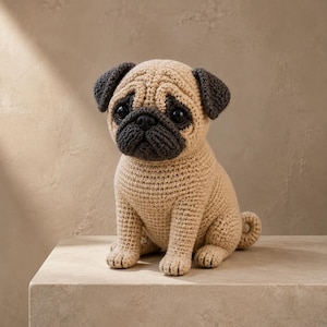 May include: A crochet pug dog figurine crafted with light tan yarn for the body and dark charcoal yarn for the ears, muzzle, and around the eyes. The stuffed toy features a curled tail, black plastic eyes, and a textured, hand-stitched appearance.