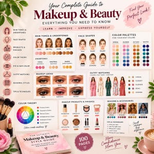 Pode incluir: Um guia completo de maquilhagem e beleza com secções sobre tons de pele, formas de rosto, paletas de cores, looks de maquilhagem, combinação de roupa, teoria das cores, produtos e acessórios sazonais, incluindo texto e ilustrações.
