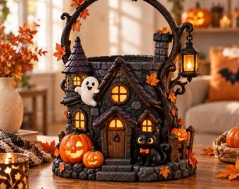 May include: A decorative Halloween haunted house figurine featuring a stone-textured facade, a glowing jack-o'-lantern, a black cat, a white ghost, and a hanging lantern. The structure is framed by a dark arched branch with a bat and orange leaves.
