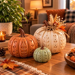 May include: Three decorative pumpkins in orange, cream, and sage green, each featuring carved heart and leaf patterns. The cream pumpkin is adorned with a bundle of dried wheat and orange leaves tied with twine, resting on a wooden surface.