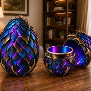 May include: Two decorative containers shaped like dragon eggs with a textured scale pattern. The exterior features a metallic blue and purple gradient finish with gold-toned edges. One egg is closed, while the other is open, revealing a smooth interior.