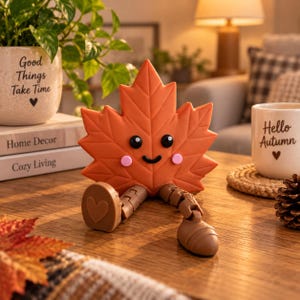 Puede incluir: Una figura de hoja de arce naranja con cara sonriente, ojos negros y mejillas rosadas. La figura tiene piernas articuladas marrones y pies con detalles de corazón. Está sentada sobre una superficie de madera entre una maceta y una taza.