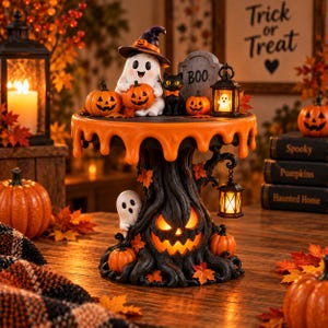 Pode incluir: Um expositor de Halloween de vários níveis com uma base de tronco de árvore preta com uma cara de abóbora brilhante, rematado com uma plataforma laranja a escorrer. Inclui um fantasma com chapéu de bruxa, um gato preto, uma lápide com BOO.