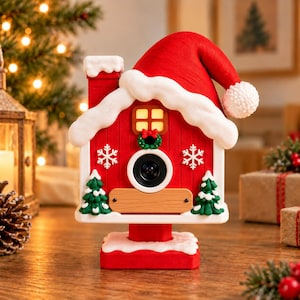 May include: A red house-shaped camera housing featuring a Santa hat top, white snow trim, a small window, a green wreath, two white snowflakes, and two green pine trees. A blank wooden rectangular plaque sits below the central camera lens.
