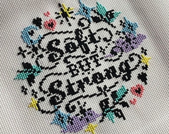 Modern Cross Stitch Kit - Soft But Strong - Cute Easy Self Care Gift For Her - Moon Stars Celestial - Easy X Stitch - Beginner Friendly