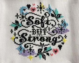 Modern Cross Stitch Pattern PDF - Soft But Strong - Cute Pink Celestial Moon - Cursive Typography - Beginner Friendly - Cottage Core