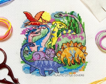 Dinosaur Cross Stitch Pattern PDF - Dinosaur Troupe - 5 Inch Hoop - Dinosaur Decor Gift Idea - Triceratops - Modern Cute Colourful Craft DIY