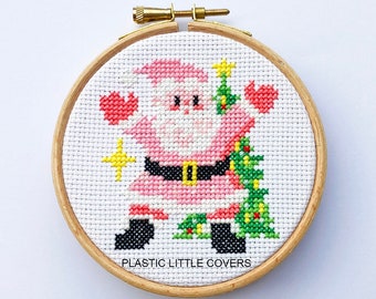 Modern Christmas Cross Stitch Pattern PDF - Santa Baby - Cute Pink Father Christmas - Vintage Kitsch Retro Ornament - Star Christmas Tree