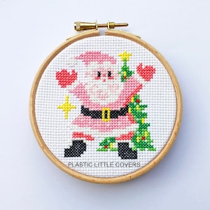 Modern Christmas Cross Stitch Pattern PDF Santa Baby Cute Pink Father Christmas Vintage Kitsch Retro Ornament Star Christmas Tree image 1