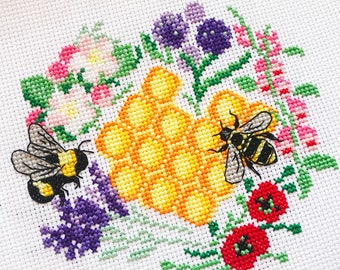 Bee Cross Stitch Pattern PDF - Bees and Blooms - Honey Bee Bumble Bee Lover Gift - Bee Friendly Flowers And Plants