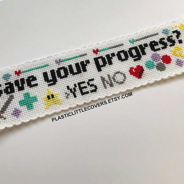 Modern Cross Stitch Bookmark Kit - Save Your Progress? - Funny Book Lover Gift - Retro Gamer Gift