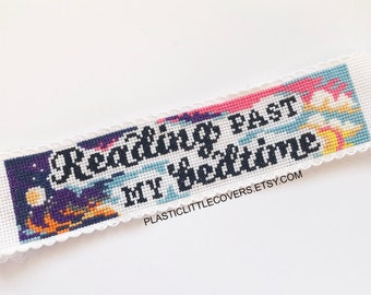 Modern Cross Stitch Bookmark Kit - Reading Past My Bedtime-  Funny Literary Gift Idea - Book Lover Gift - Nature Night Sky Sun And Moon