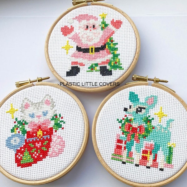 Modern Christmas Cross Stitch Kit - Choose Pink Santa, Christmas Kitten or Festive Deer - Kitsch Retro DIY Decor - Beginner Friendly Gift