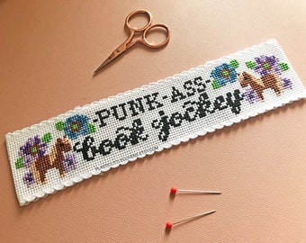 Funny Bookmark Cross Stitch Pattern PDF - Punk Ass Book Jockey - Modern Book Lover Gift - Parks and Rec Quote - Lil Sebastian