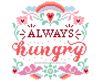 Modern Cross Stitch Pattern PDF - Always Hungry - Cute Rainbow Clouds Celestial Motifs - Beginner Friendly Fun Pastel Pink