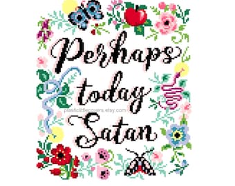 Modern Cross Stitch Pattern PDF - Perhaps Today Satan - Funny Butterfly Moth Floral Wreath X Stitch - Beginner Friendly - Cute Cottage Core