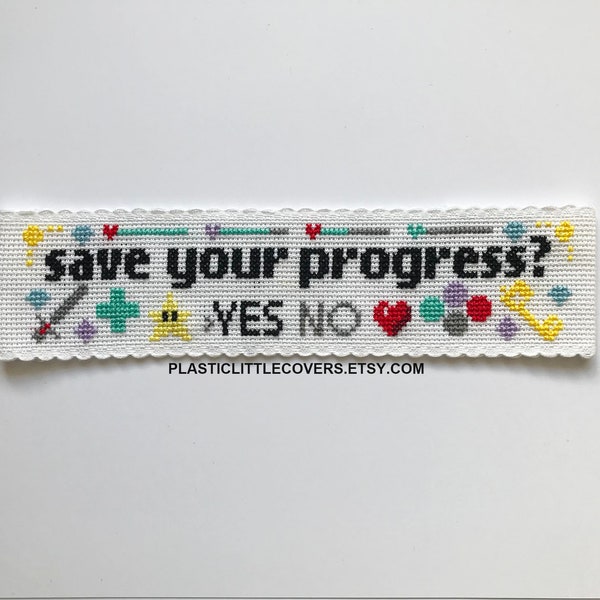 Bookmark Cross Stitch Pattern PDF - Save Your Progress? - Gamer Gift - Classic Game Retro Pixel 8 Bit - Modern Book Lover Gift