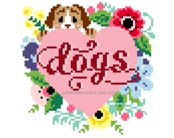 Modern Cross Stitch Pattern PDF - Dogs - Love Heart Floral - Pet Lover Gift Idea - Animals Are Better Than People - Cute Kawaii Easy XStitch