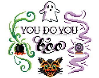 Halloween Cross Stitch Pattern PDF - You Do You Boo - Modern Lettering Halloween House Sign - Vintage Black Cat Crystal Ball Witchy Ghost