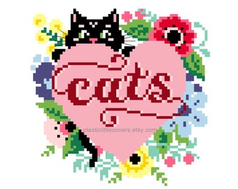 Modern Cross Stitch Pattern PDF - Cats - Love Heart Floral - Pet Lover Gift Idea - Animals Are Better Than People - Cute Kawaii Easy XStitch