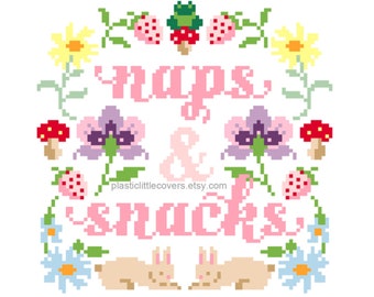 modern floral cross stitch pattern "Naps & Snacks" bunny and toad folk art style typography lettering Funny Cross Stitch Pattern pdf