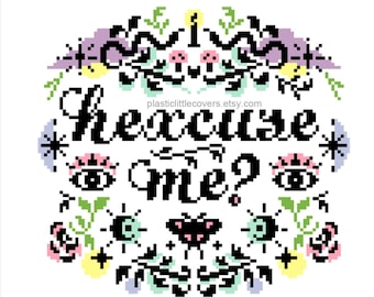 Modern Cross Stitch Pattern PDF - Hexcuse Me? - Witchy Vibes - Halloween Decoration - Moth Snake Star Moon Eye - Tarot Celestial Motifs