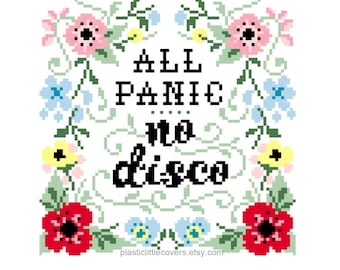 Modern Cross Stitch Pattern PDF - All Panic, No Disco - Floral Ornate Wreath Border - Spring Bouquet Wildflower X Stitch - Funny Meme Emo