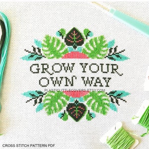 House Plant Cross Stitch Pattern PDF - Grow Your Own Way - Plant Lover Gift - Monstera Jungle Leaf Print Green Botanical Wall Art DIY