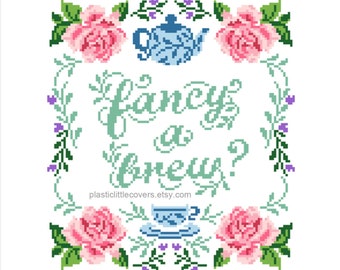 Modern Cross Stitch Pattern PDF - Fancy A Brew? - Tea Lover Gift ...