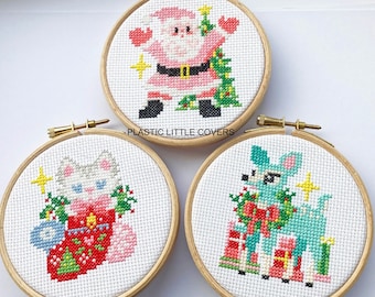 Modern Christmas Cross Stitch Kit - Choose Pink Santa, Christmas Kitten or Festive Deer - Kitsch Retro DIY Decor - Beginner Friendly Gift