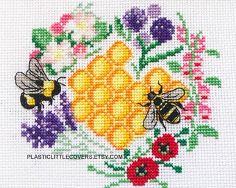 Bee Cross Stitch Kit - DIY Craft Kit - Bees and Blooms - Bumble and Honey Bee with Floral Wreath of Bee Friendly Flowers - Bee Lover Gift