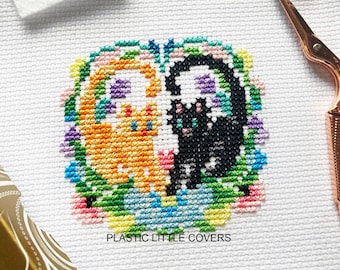 Modern Cat Cross Stitch Pattern PDF - Love Cats - Ginger and Black Cat - Spring Floral Wreath Frame - Cute Small DIY Project - 4 Inch Hoop