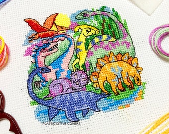 Dinosaur Cross Stitch Kit - Dinosaur Troupe - Modern DIY Craft Kit - Beginner Friendly - Stegosaurus Dinosaur Lover Gift Dino Bedroom Decor