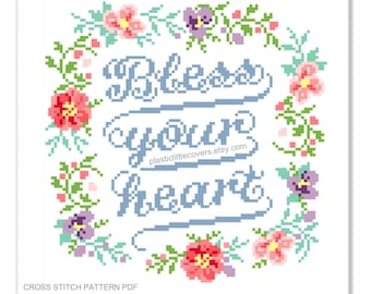 Modern Cross Stitch Pattern PDF - Bless Your Heart - Funny Sassy Floral X Stitch