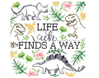 Dinosaur Cross Stitch Patroon PDF - Leven, Uh, vindt een manier - Easy X Stitch Design - Dinosaur Bedroom Decor - Dinosaur Gift