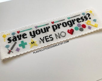 Modern Cross Stitch Bookmark Kit - Save Your Progress? - Funny Book Lover Gift - Retro Gamer Gift