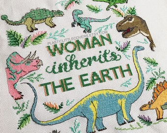 Dinosaur Cross Stitch Kit - Woman Inherits the Earth - Modern Feminist DIY Craft - Nursery Baby Gift - Dinosaur Lover - T Rex Velociraptor