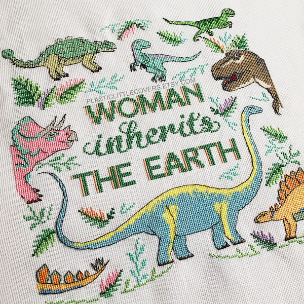 Dinosaur Cross Stitch Kit - Woman Inherits the Earth - Modern Feminist DIY Craft - Nursery Baby Gift - Dinosaur Lover - T Rex Velociraptor