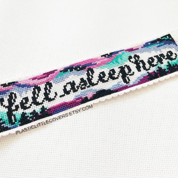 Modern Cross Stitch Bookmark Kit - Fell Asleep Here - DIY Funny Book Lover Gift - Northern Lights Aurora Borealis - Beginner Friendly