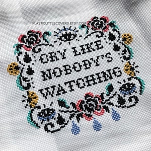 Modern Cross Stitch Pattern PDF - Cry Like Nobody's Watching - Star Cry Baby Eye Rose - Tarot And Celestial Motifs - Witchy Sad Girl - Pink