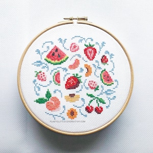 Modern Cross Stitch Pattern PDF - Summer Fruit - Strawberry Peach Watermelon Cherry - Cute X Stitch - Pixel Art Fruit - Kitchen Kitsch Decor