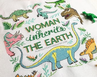 Dinosaur Cross Stitch Pattern PDF - Woman Inherits the Earth - Feminist DIY Craft - Dinosaur Gift Idea New Baby