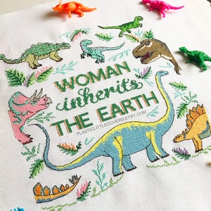 Dinosaur Cross Stitch Pattern PDF - Woman Inherits the Earth - Feminist DIY Craft - Dinosaur Gift Idea New Baby